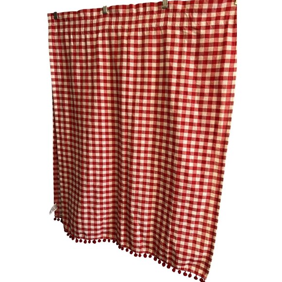 Two Pioneer Woman Red & White Pom Tassled Window Panels 34.5" gingham - Picture 1 of 13
